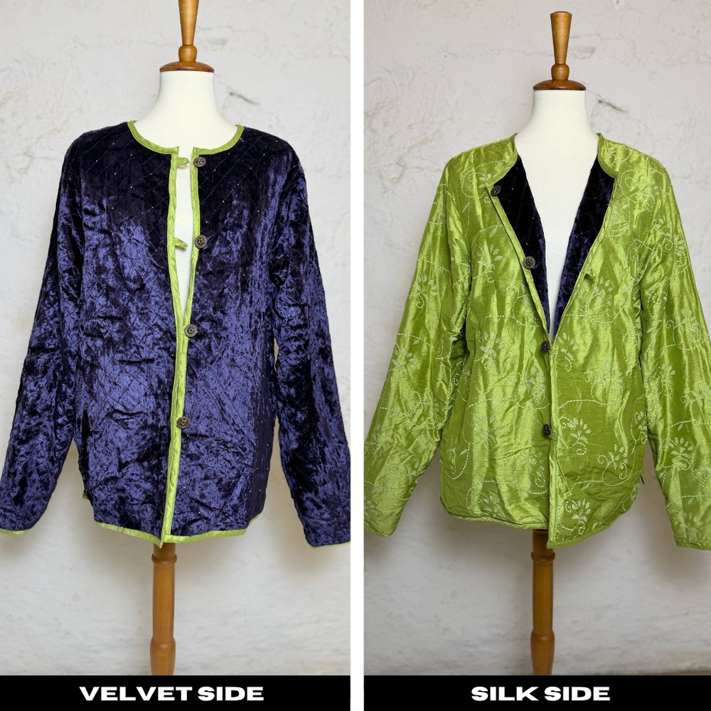 Vtg Coldwater Creek Quilted Velvet Jacket XL Royal Purple Silk Reversible Fairy
